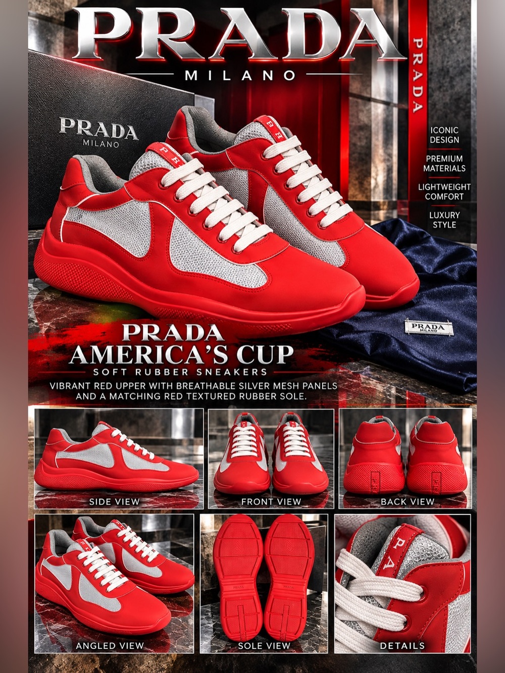 Prada America's Cup Soft Rubber Sneaker in Red/Silver🔥New!